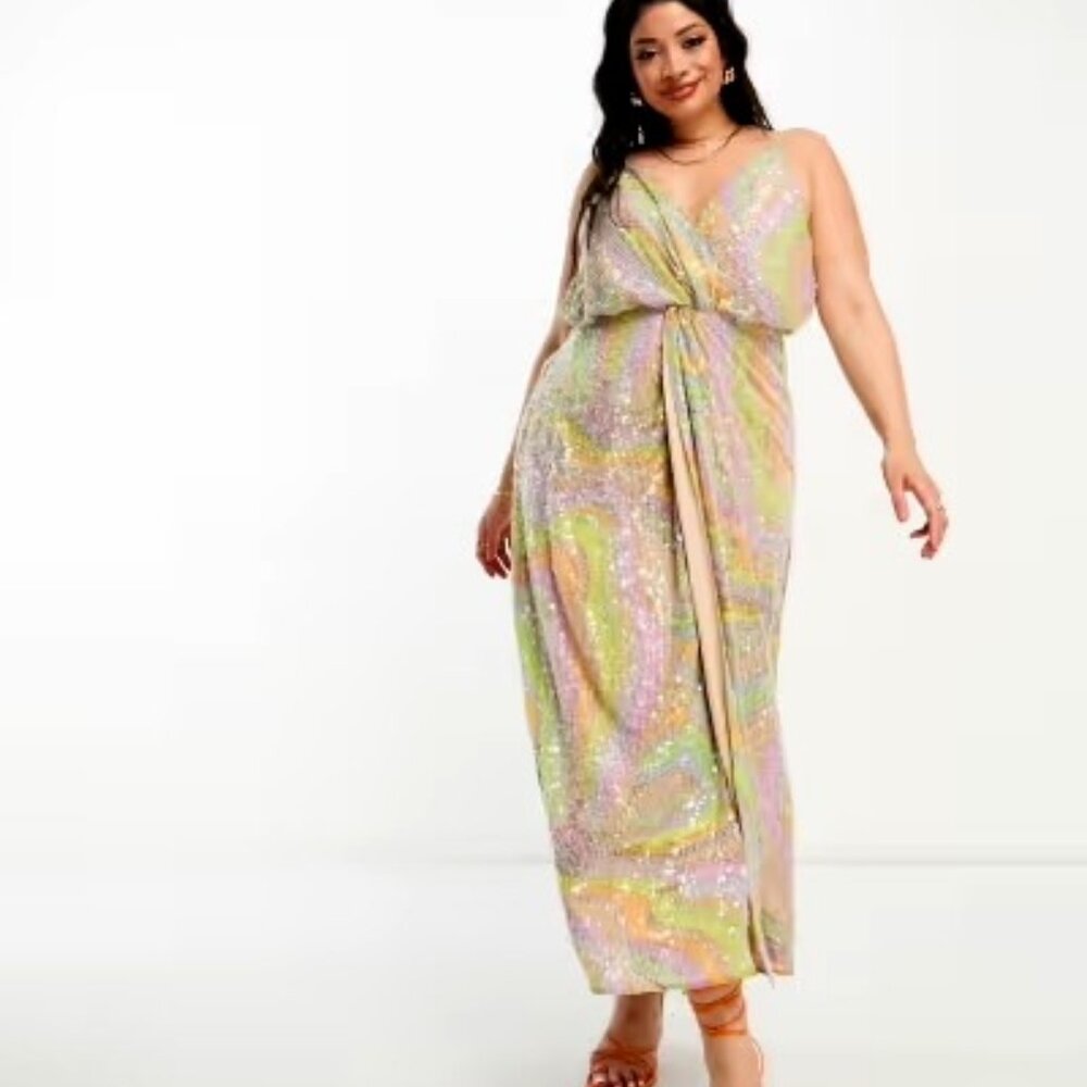 NWT ASOS EDITION Curve twist front midi dress pastel sequin Size 14 NEVER WORN!!